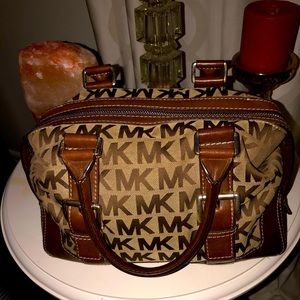 Logo Print Michael Kors Satchel Purse with Front & Back Buckle Design